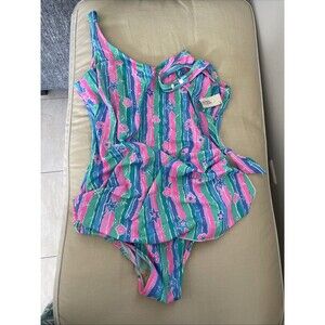 Vintage Talbots Bright Floral Striped One Piece Skirted Front Swimsuit Sz 18 USA
